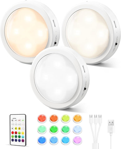EZVALO 3-Pack Rechargeable Puck Lights with Remote