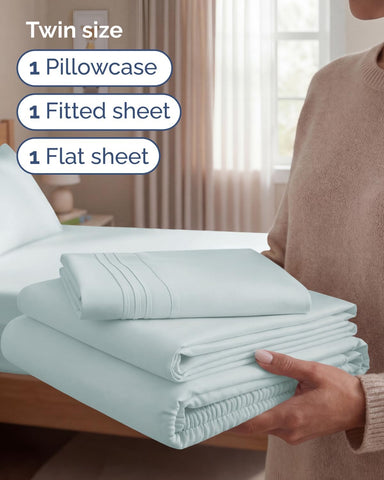 Twin Size 3 Piece Sheet Set - Comfy Breathable & Cooling Sheets - Ice Blue