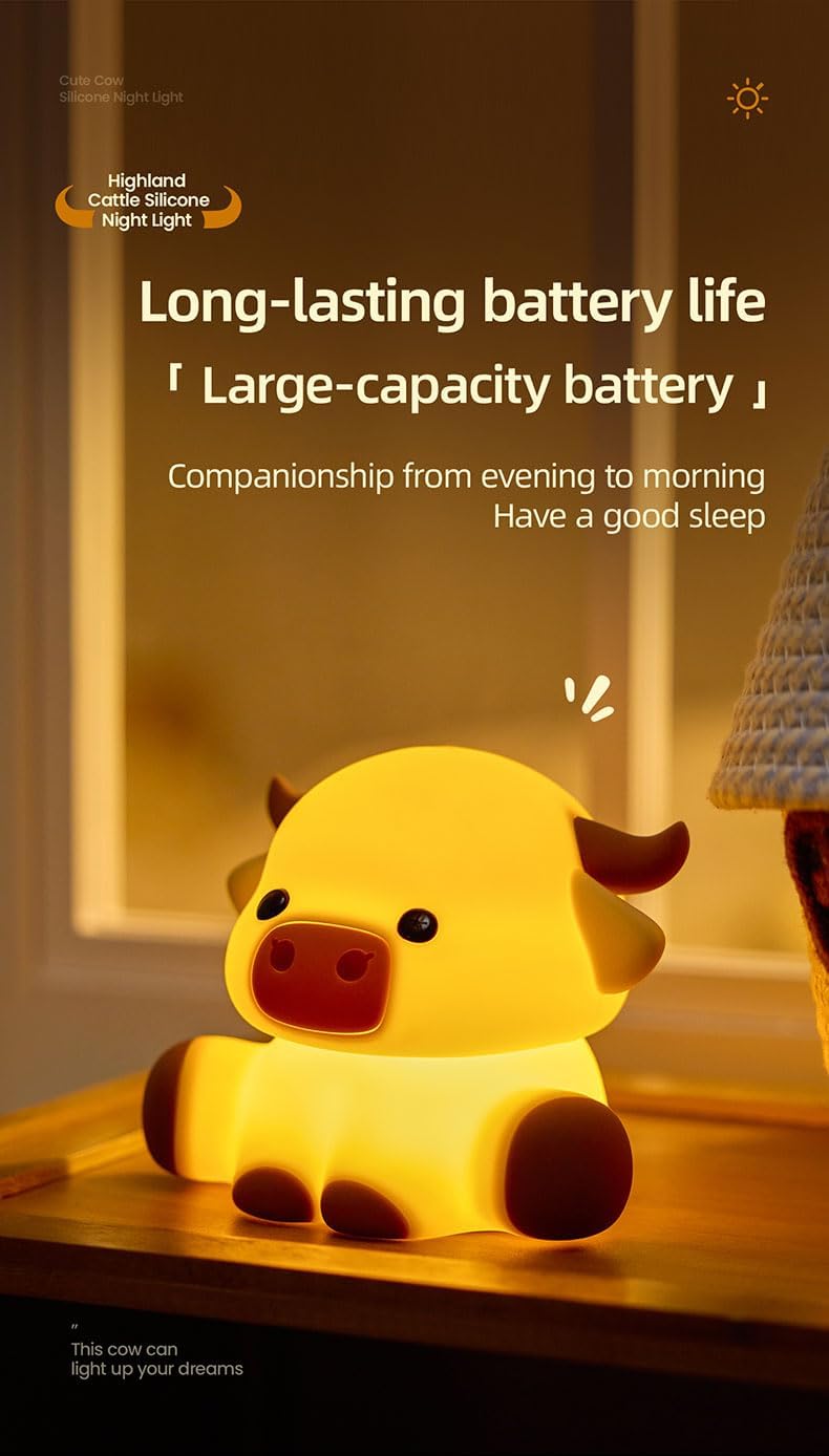 Cute Highland Cow Night Light, Squishy Highland Cow Novelty Animal Lamp, 3 Level Dimmable Nursery Nightlight with Timer, Food Grade Silicone Touch Night Light Fun Gifts for Kids Boys Girls Baby