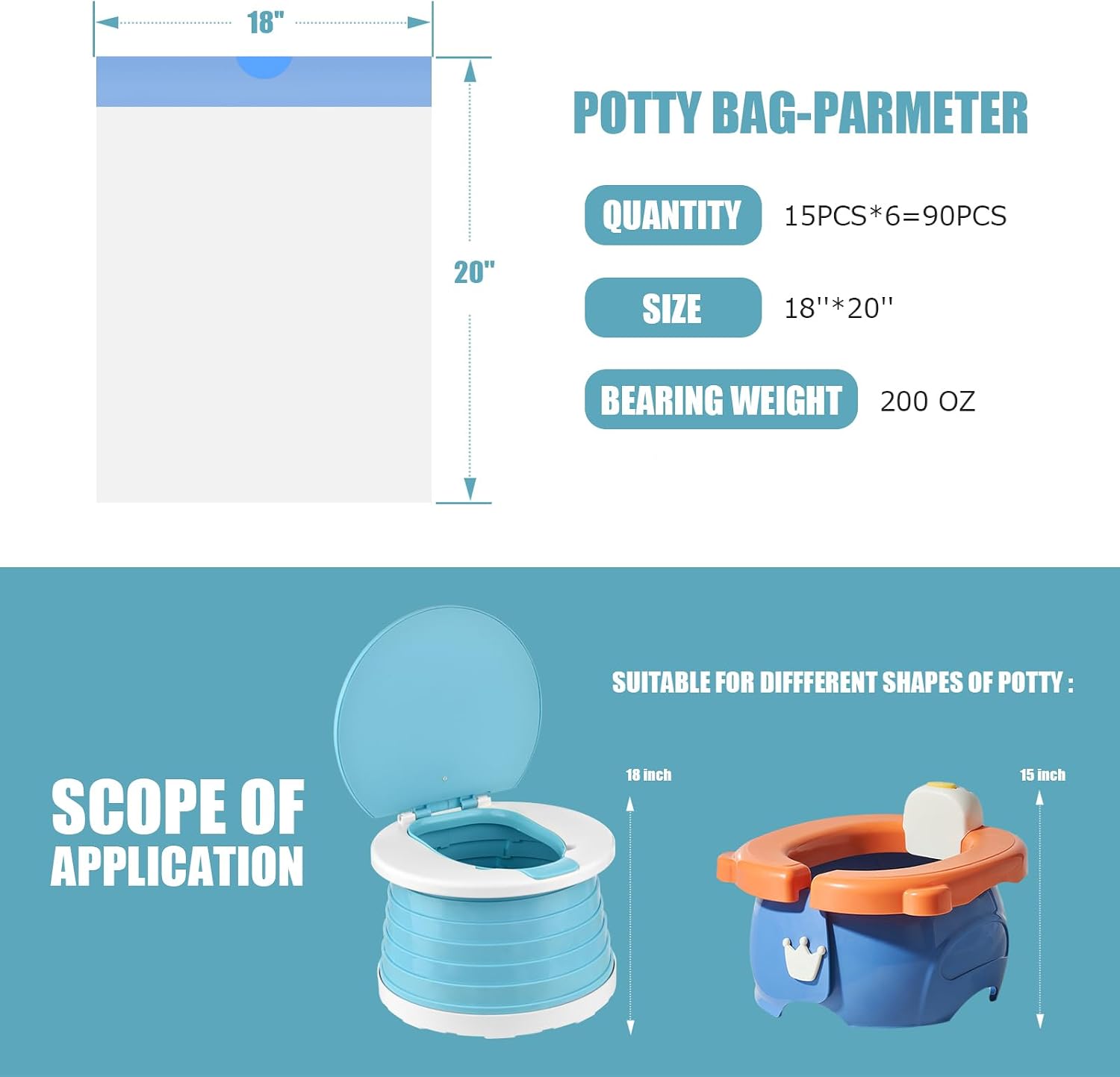 Portable Travel Potty Chair Liners Bags with Drawstring 90 PCS (18×20 INCH)