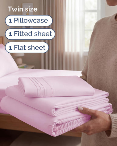 Twin Size 3 Piece Sheet Set - Breathable & Cooling Sheets - Light Pink