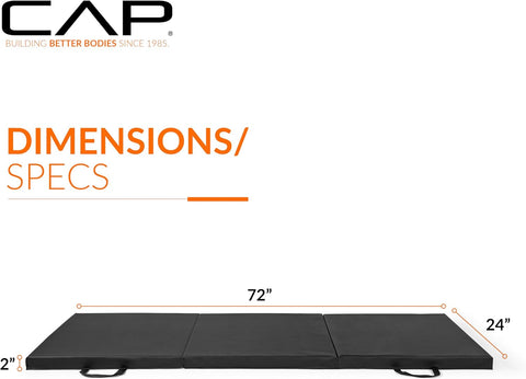 CAP Barbell Folding Exercise Mat – Durable, Anti-Tear, Thick Padding for Fitness, Aerobics, Gymnastics & Home Workouts. 72"L x 24"W x 2"Thick. BLACK