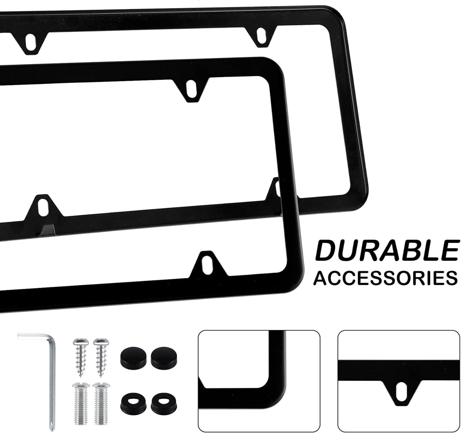 Alpmosn 2PCS Stainless Steel License Plate Frames, 4 Holes Car Licence Plate Covers with Screws Washers and Caps, Car Exterior Accessories, License Plate Holder for US Vehicles (Black)
