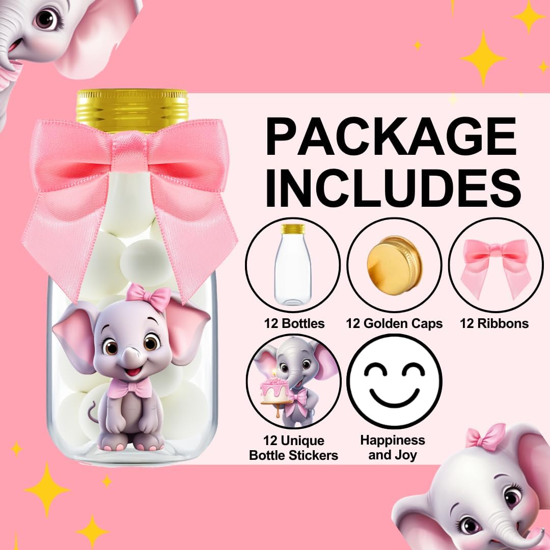 Ethisa Small 12 Pack Pink Elephant Party Favors - Candy Jars with Ribbons and Stickers - DIY Party Decoration Bottles for Baby Shower, Birthday, Gender Reveal, and Classroom - Girl Table Centerpiece