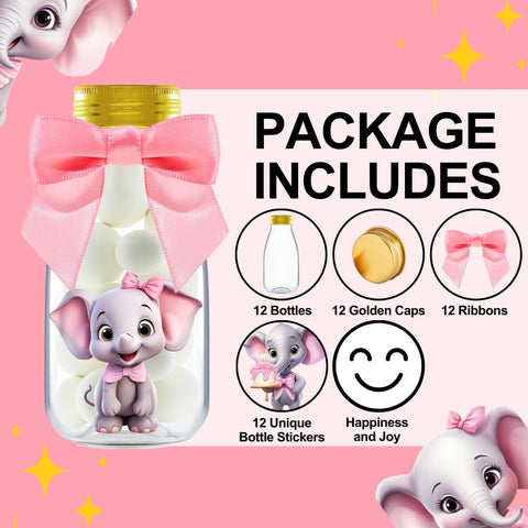 Ethisa Small 12 Pack Pink Elephant Party Favors - Candy Jars with Ribbons and Stickers - DIY Party Decoration Bottles for Baby Shower, Birthday, Gender Reveal, and Classroom - Girl Table Centerpiece
