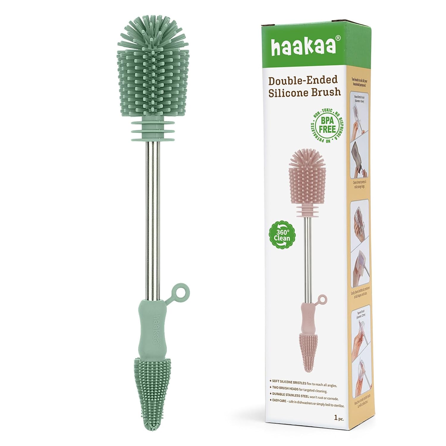Haakaa Silicone Cleaning Brush for Baby Bottles & Crevices, Pea Green, 1PK