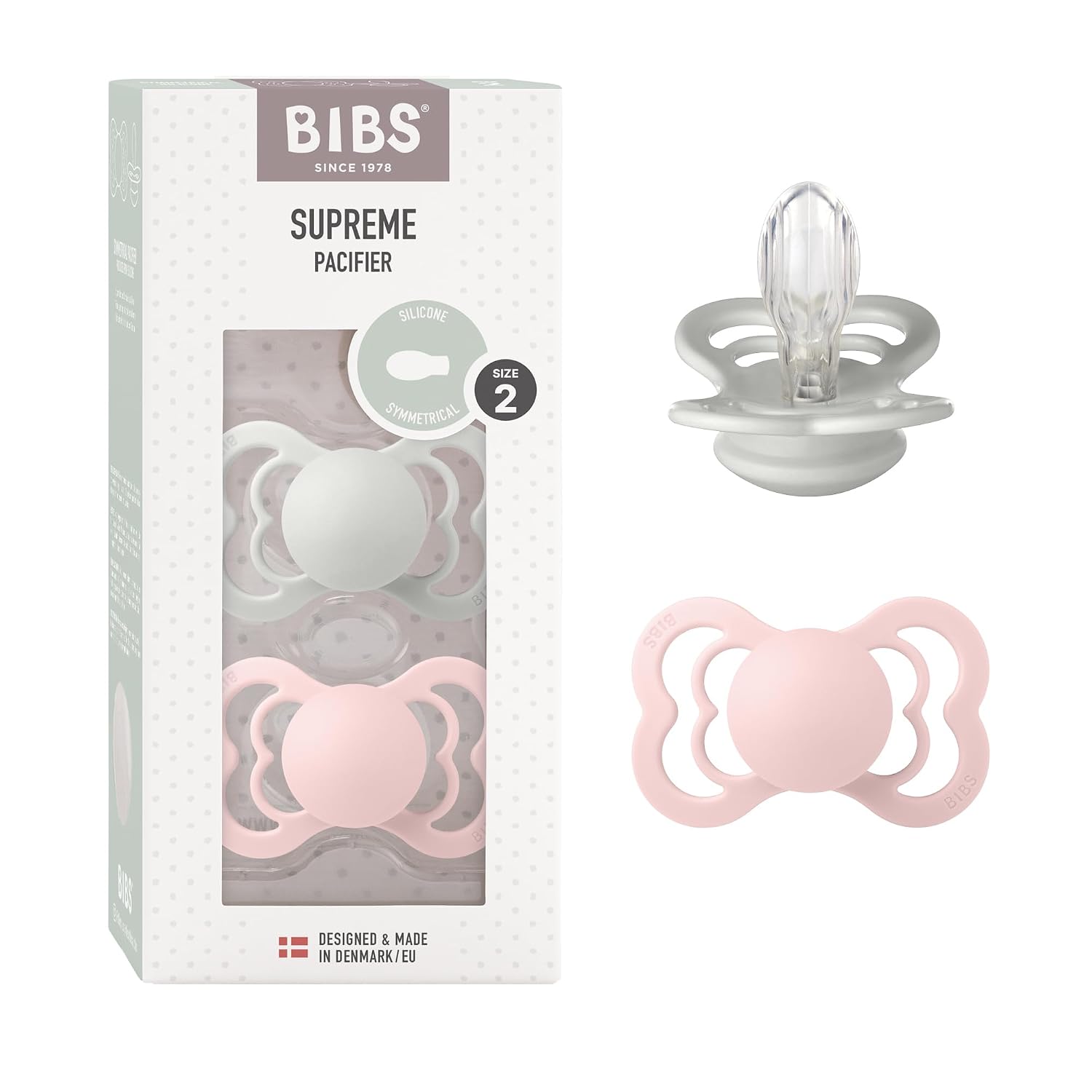 BIBS Supreme Baby Pacifier 2-Pack | Made in Denmark | BPA Free Dummy Soother, Symmetrical Nipple. Silicone, Size 1 (0-6 Months), Blush Glow/Vanilla Glow