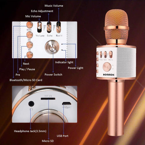 BONAOK Wireless Bluetooth Karaoke Microphone,3-in-1 Portable Handheld Karaoke Mic Speaker Machine Home Party Birthday for All Smartphones PC(Q37 Rose Gold)