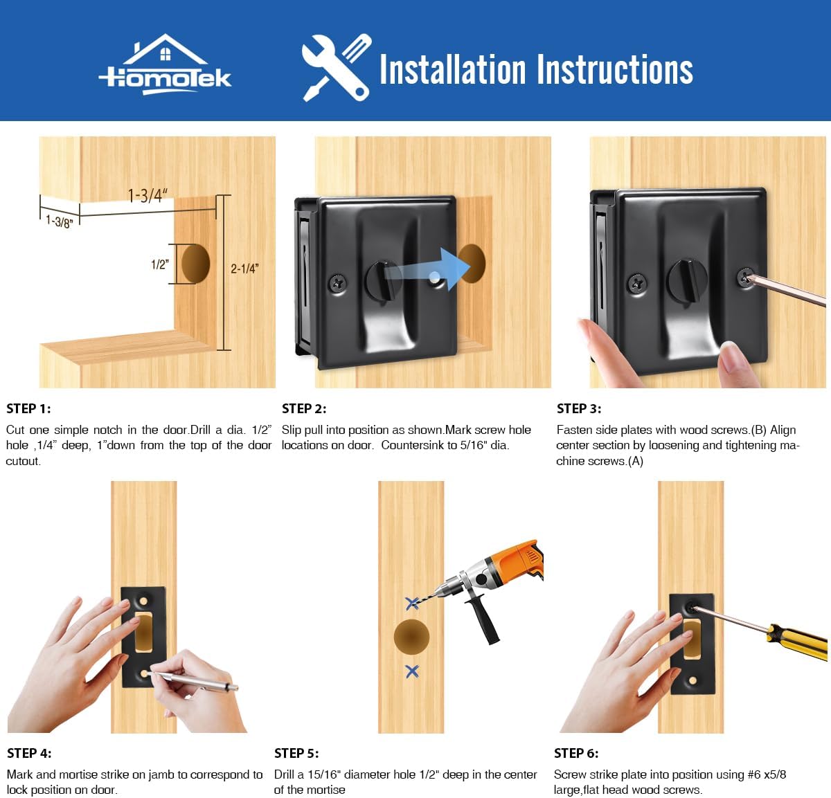 HOMOTEK Privacy Sliding Door Lock with Pull - Replace Old Or Damaged Pocket Locks Hardware Quickly and Easily, 2-3/4”x2-1/2”, for 1-3/8” Thickness Door, Black