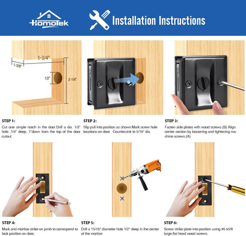 HOMOTEK Privacy Sliding Door Lock with Pull - Replace Old Or Damaged Pocket Locks Hardware Quickly and Easily, 2-3/4”x2-1/2”, for 1-3/8” Thickness Door, Black