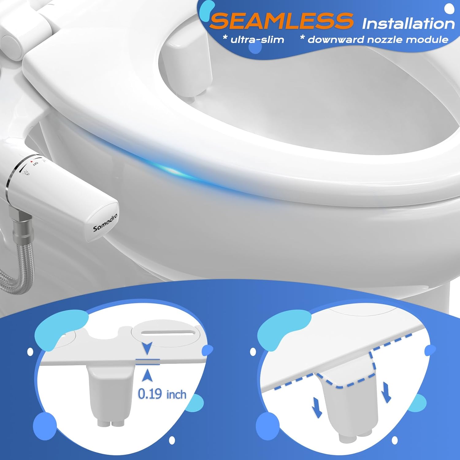 SAMODRA Ultra-Slim Hygienic Bidets Attachment for Existing Toilets - Adjustable Fresh Water Pressure Dual Nozzle (Frontal & Rear Wash) Easy to Install, Silver