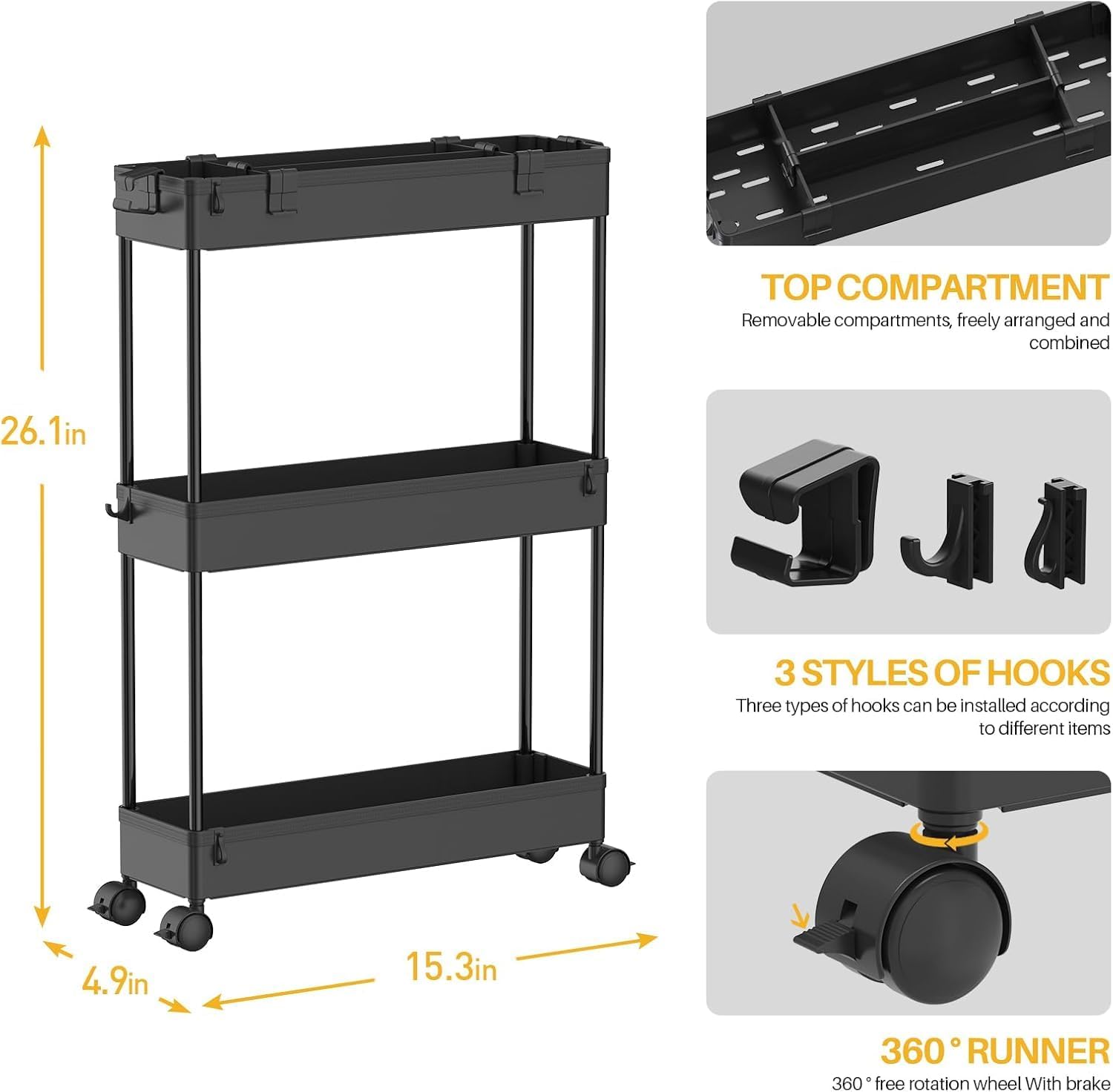 SPACELEAD 2-piece Set Slim Storage Cart 3 Tier,Bathroom Organizer Rolling Utility,Mobile Shelving Unit Slide Out for Office, Kitchen, Laundry Room & Narrow Places