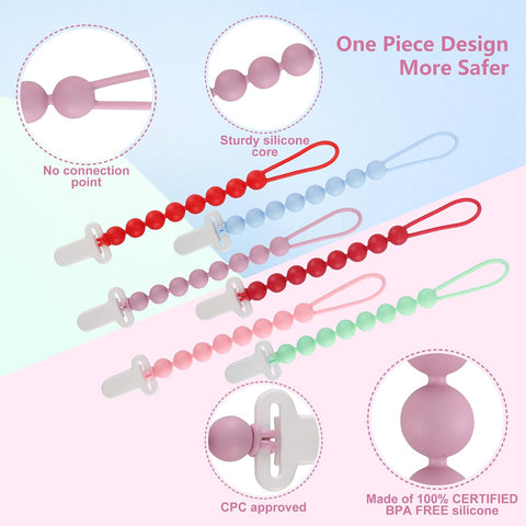6-Pack Silicone Pacifier Clips for Babies, Safe Teething Beads, Rust-Free Holders, Baby Boy and Girl Essentials, Newborn Must-Have Accessories, BPA-Free (Pink)