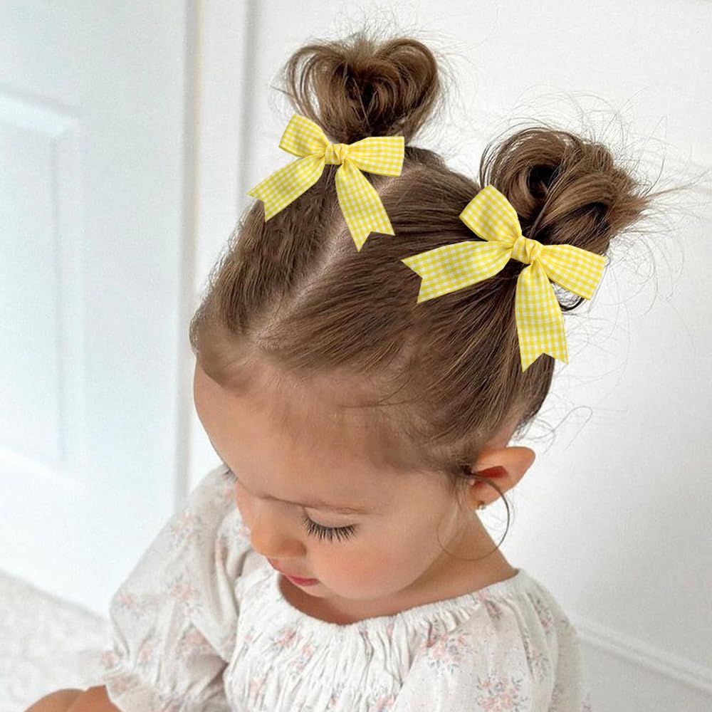 2PCS 3'' Small Yellow Gingham Hair Bow for Girl, Cute Plaid Clip