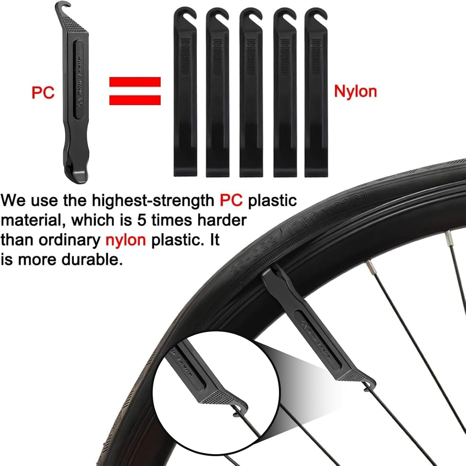 Bike Tire Levers - Ultra Strong PC Plastic Bicycle Tire Removal Changing Tool for Road or Mountain Bike Tires - Set of 4 (Black)