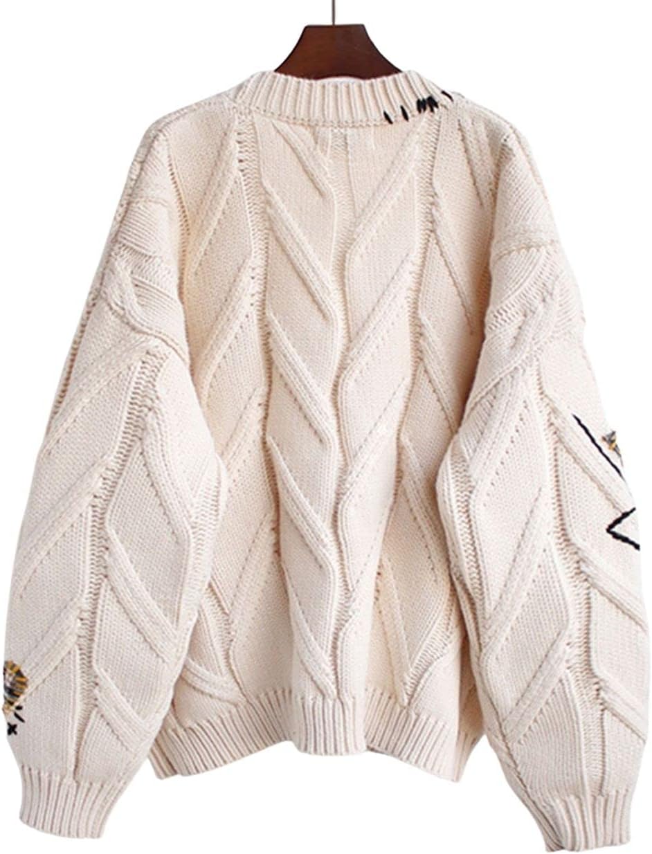 CHARTOU Women Chunky Cable Knit Cardigan Embroidery Button Down Sweater Jacket Knitwear