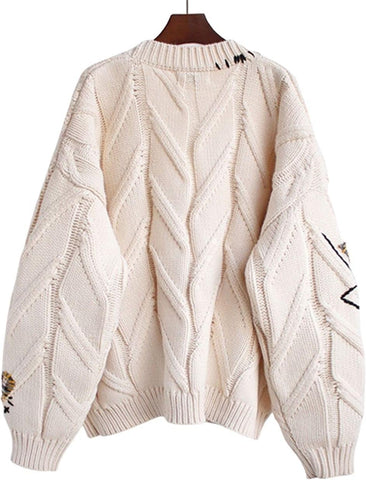CHARTOU Women Chunky Cable Knit Cardigan Embroidery Button Down Sweater Jacket Knitwear