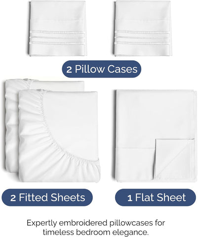 Split King Size 5 Piece Sheet Set - Breathable & Cooling Sheets - White