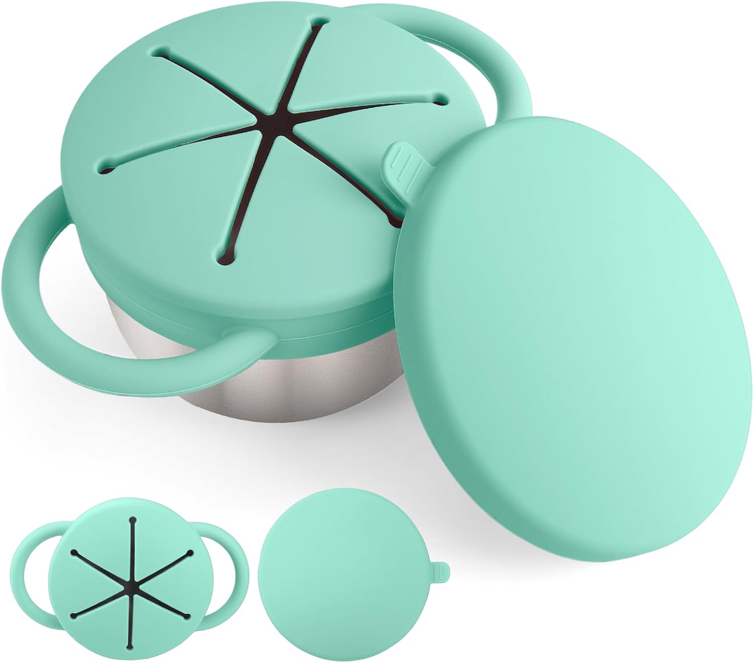 Mity rain Stainless Steel Snack Containers for Toddlers with Spill-Proof Silicone Lids Handles - 3-in-1 Baby Snack Cups, No-Spill Toddler Snack Box (Green, One piece set)