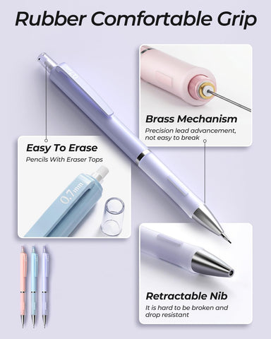 Nicpro 3PCS Cute Mechanical Pencil Set with Case, 0.7 mm Pencils