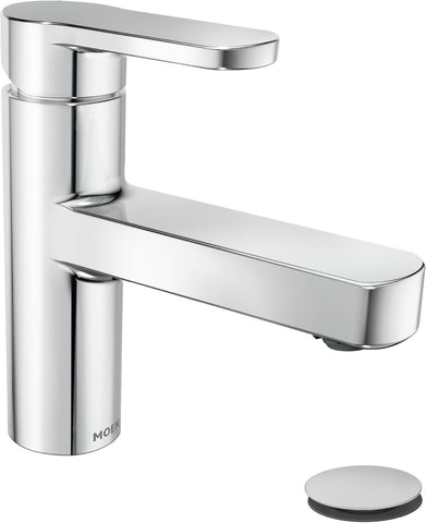 Moen Laris Chrome One-Handle Single Hole Modern Bathroom Sink Faucet with Optional Deckplate and Spring Loaded Drain Assembly, 84014