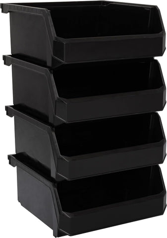 ReadySpace Medium-Wide Stackable Plastic Storage Bins, 4-Pack, Black