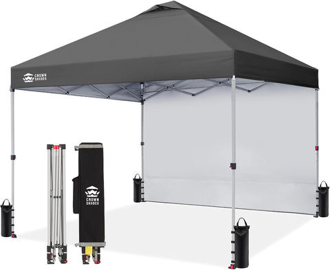 CROWN SHADES 10x10 Pop Up Canopy with 1 Side Wall, Beach Tent, Grid Grey