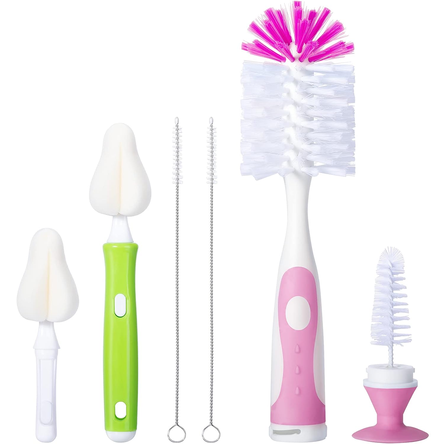 Baby Bottle Brush Kit with Suction Base, Hidden Cleaner & Sponge, Pink