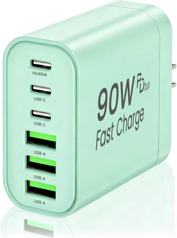 90W GaN USB C Charger Block,6-Port USB C Wall Charger Fast Charging 45W PD Power Adapter for iPhone 17Pro Max/Samsung Galaxy S24 Ultra/Tabs/MacBook Air/iPad Pro for Home Travel (Green, One)