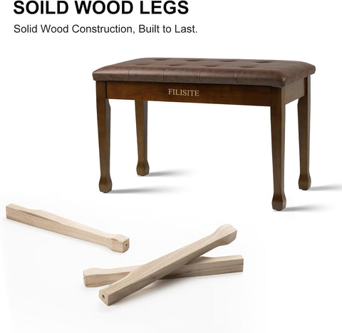 Duet Piano Bench with Storage, Wooden Piano Stool with Waterproof Padded Cushion, Bench Seat for Vanity, Living Room, Bedroom (Wood)