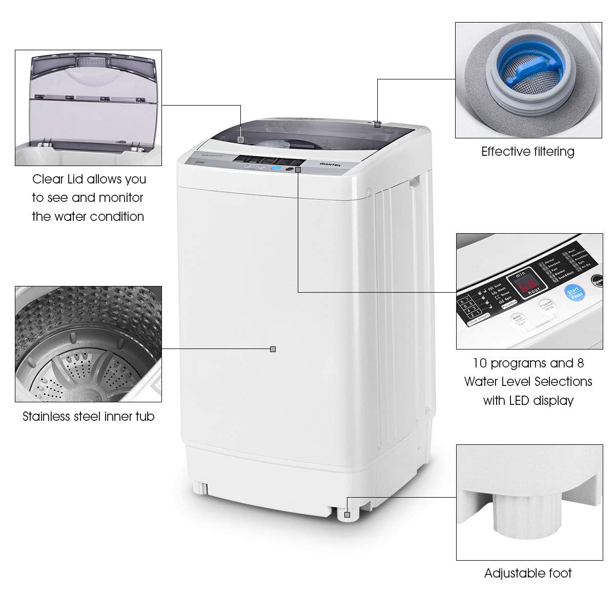 Giantex Full-Automatic Washing Machine Portable Compact 1.34 Cu.ft Laundry Washer Spin with Drain Pump, 10 programs 8 Water Level Selections with LED Display 12 Lbs Capacity