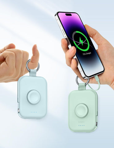 RORRY Portable Charger, 5000mAh Portable Charger Power Bank with Built-in Cables, Travel Keychain Battery Pack for Apple Watch Ultra 2/9/8/Ultra/7/6/SE/5, iPhone 16/15/14/13/12, Black
