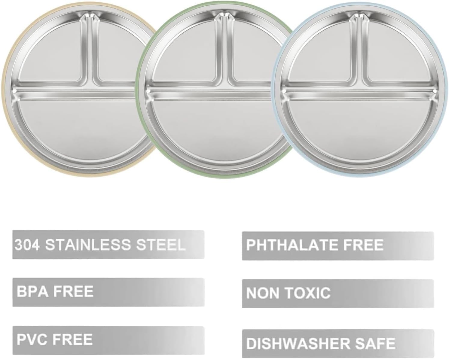 PandaEar 3 Pack Stainless Steel Baby Suction Plates, Divided Toddler Plate for Baby Led Weaning Supplies, Non-Slip Toddler Baby Feeding Set Dishwasher Safe (Blue/Green/Brown)