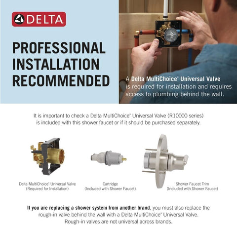 Delta Modern 14 Series Shower Faucet Set, Chrome Shower Head and Handle Set, Valve Trim Kit, Chrome T14267-PP (Valve Not Included)