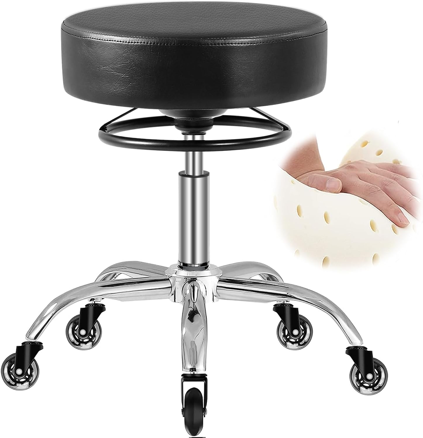 Black Rolling Stool with Wheels 400lbs - 360° Quietly Smooth