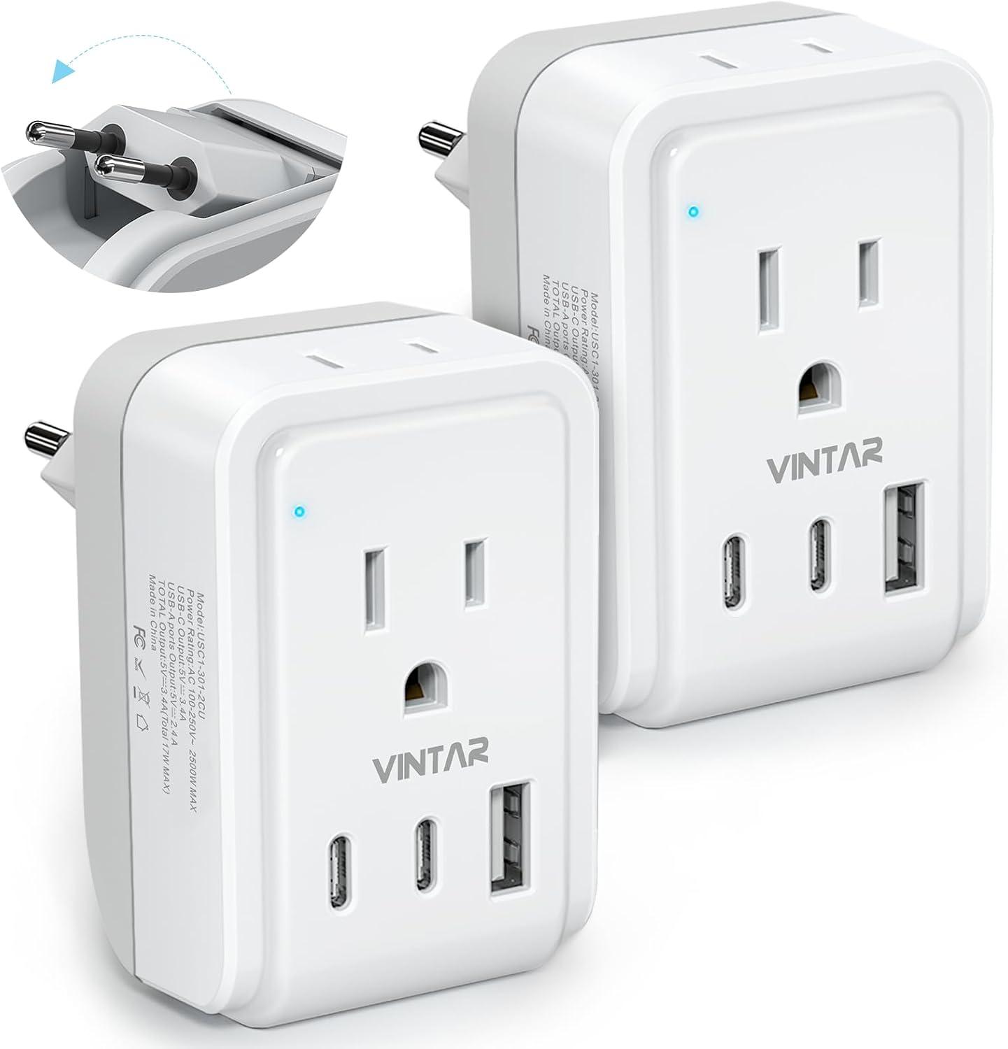 VINTAR 2 Pack European Travel Plug Adapter, Type C Foldable Power Adaptor