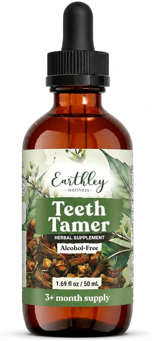 Earthley Wellness Teeth Tamer, Teething Relief for Babies & Kids, Organic Herbal Formula, 3 Month Supply (1.69 oz Glass,1,000 Drops)