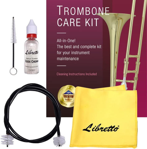 Libretto Trombone All-Inclusive Care Kit: Flexible Bore Brush + Mouthpiece Brush + Slide Cream+ Microfiber Cleaning Cloth + Slide Grease, w/Handy Case, Time to Clean & Extend Life of Your Trombone!