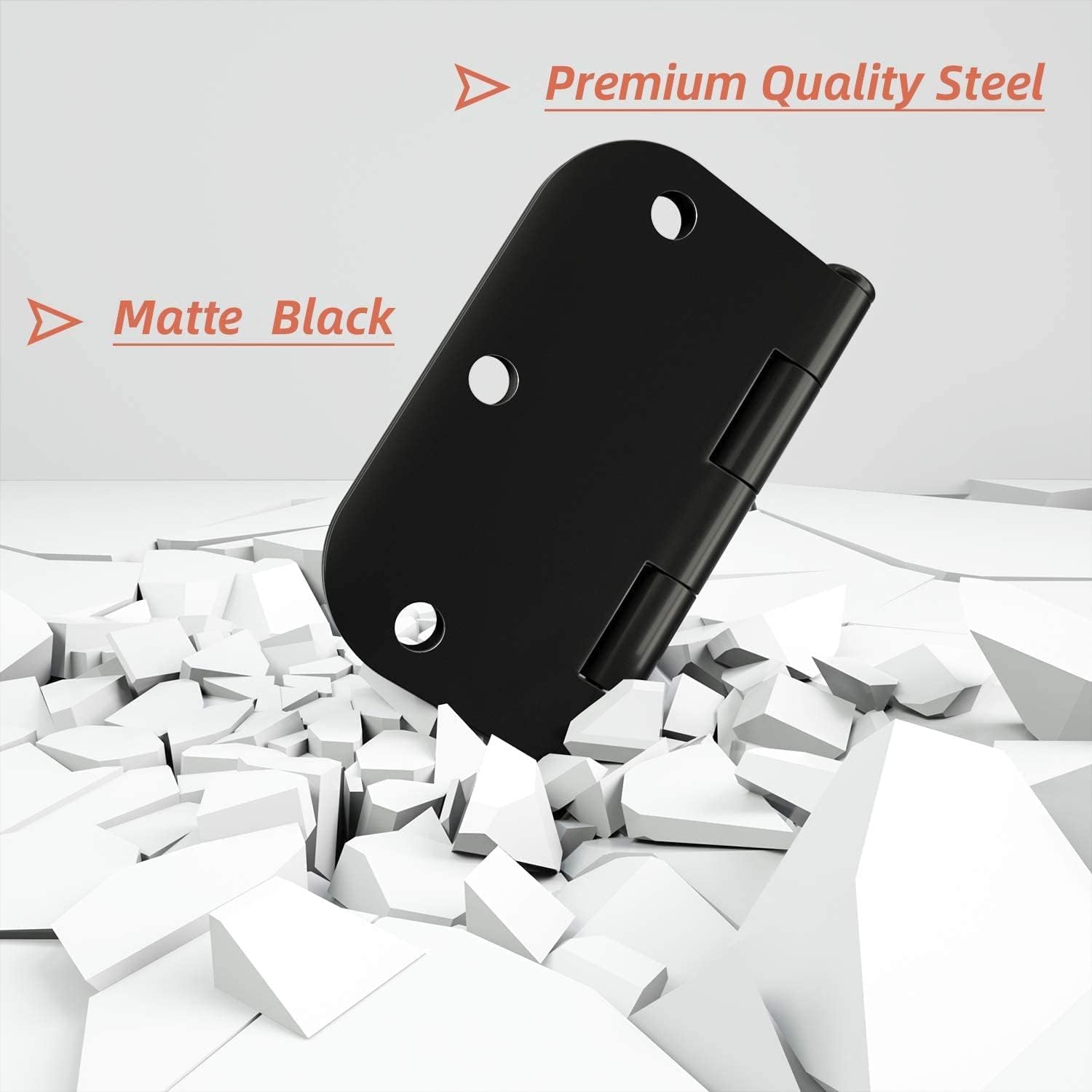 HOSOM 3 Pack Rounded Matte Black Door Hinges 3.5 x 3.5 inch with 5/8 Radius, Black 3 1/2 Interior Door Hinges, Flat Iron Bifold Residential Standard 3 ½"x 3 ½" Black Door Hardware
