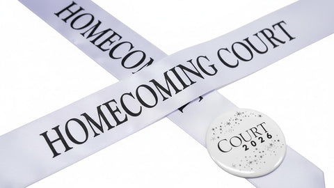 Anderson's Homecoming Court 2026 Set with White & Black Satin Sash, White Keepsake Button, High School Sash and Button for Homecoming Court, School Dance, Parade, Costume, Event, 2 Piece Set