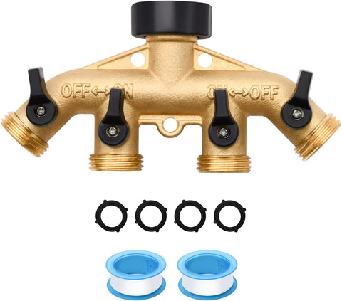 1 Pack 4 Way Hose Splitter, with Rubber Washers & Tapes
