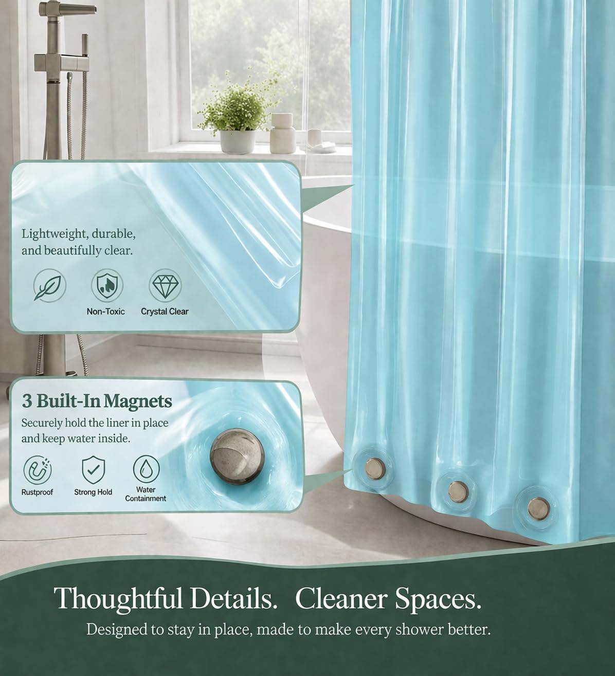 EHZNZIE Aqua Shower Curtain Liner 72x72, PEVA Waterproof Bath Curtain, No Chemical Smell, 3 Weighted Magnets, Durable with Rustproof Metal Grommets