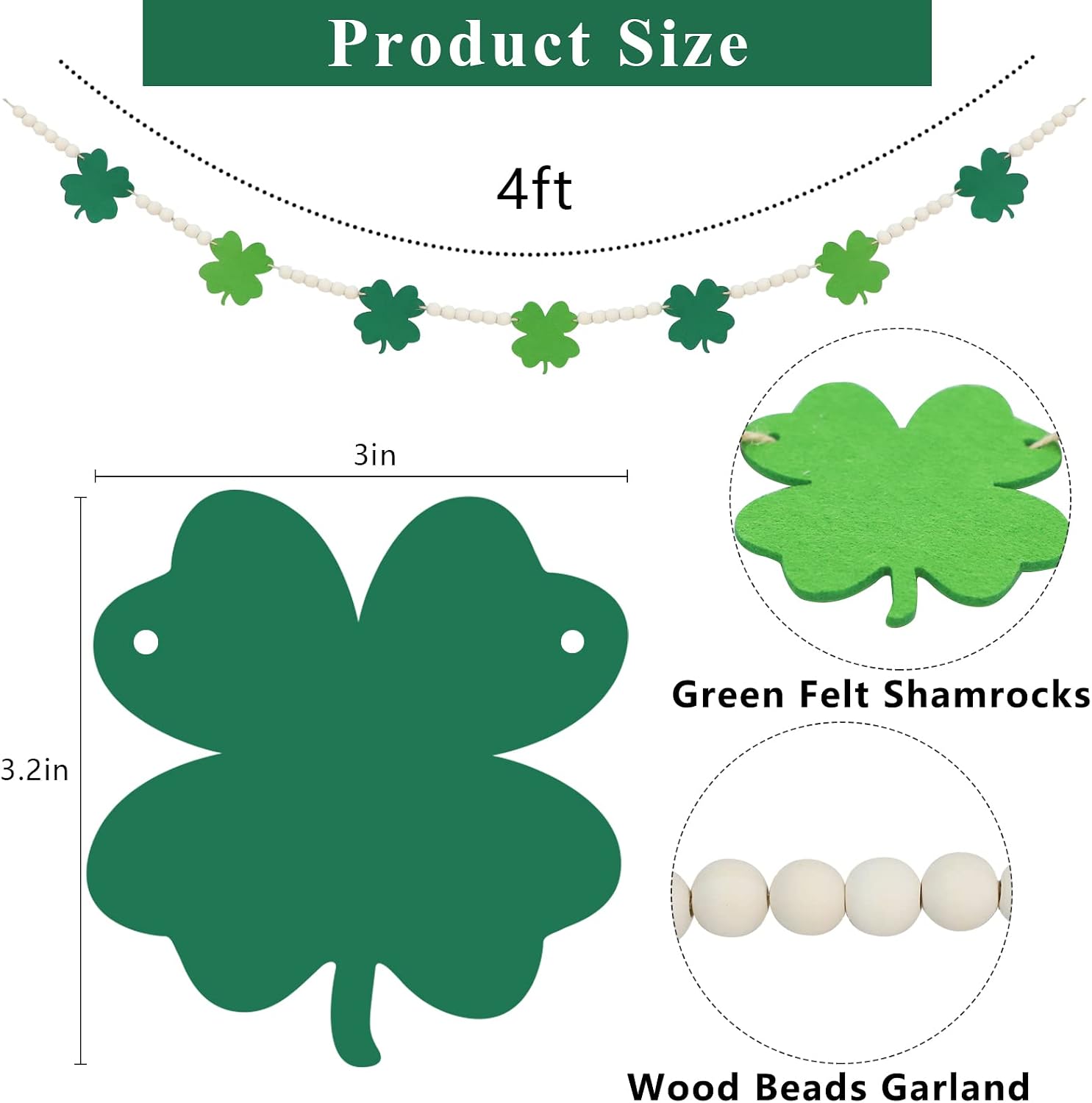 DAZONGE St. Patrick's Day Decorations, Wood Bead Shamrock Garland for St. Patrick's Day Decor, Lucky Felt Shamrock Garland for Mantel Wall Decor
