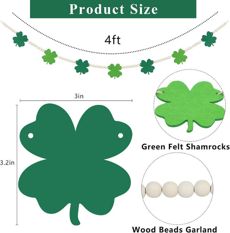DAZONGE St. Patrick's Day Decorations, Wood Bead Shamrock Garland for St. Patrick's Day Decor, Lucky Felt Shamrock Garland for Mantel Wall Decor