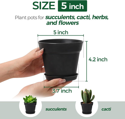 T4U Small Plant Pots 5 Inch 8 Pack, Plastic Indoor Flower Pots Saucer Black