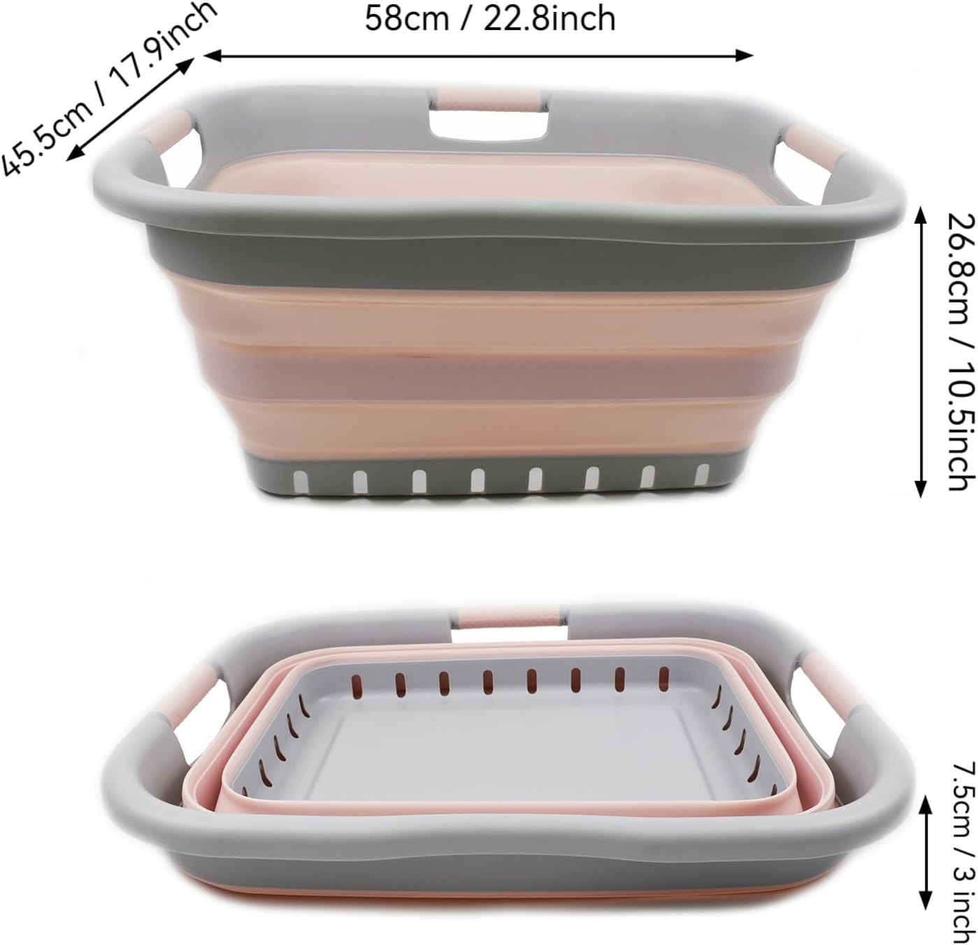 SAMMART 41L Collapsible Plastic Laundry Basket - Foldable Pop Up Storage Container/Organizer - Portable Basket - Space Saving Hamper/Basket (3 handled rectangular, Grey/Pink)