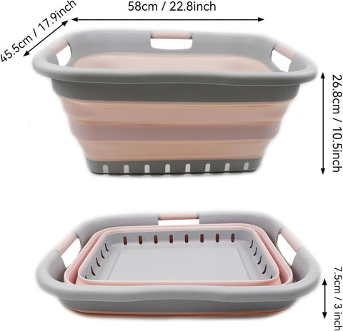 SAMMART 41L Collapsible Plastic Laundry Basket - Foldable Pop Up Storage Container/Organizer - Portable Basket - Space Saving Hamper/Basket (3 handled rectangular, Grey/Pink)