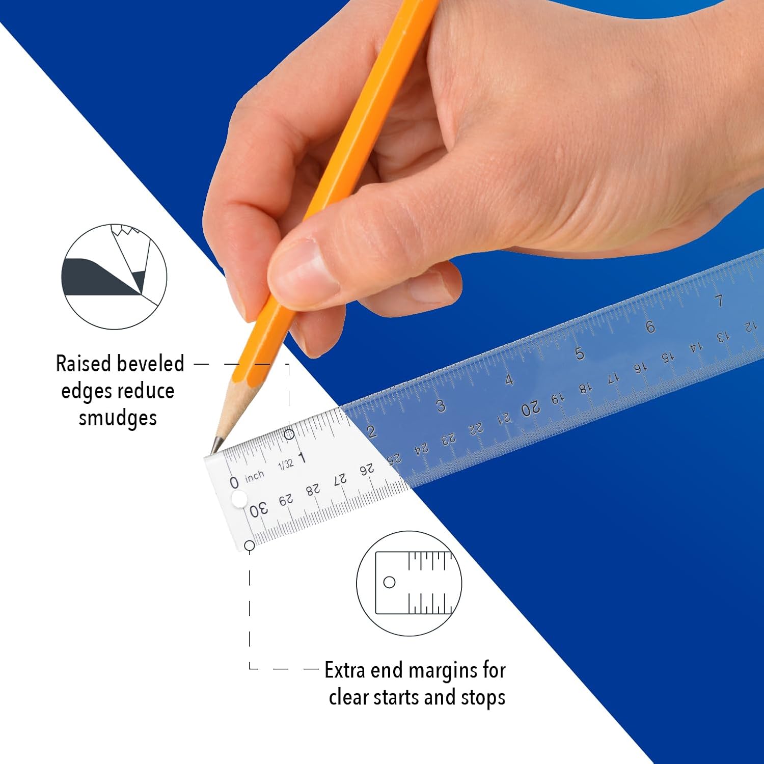 Westcott Acrylic Clear Ruler, Easy-to-Read Markings, Scratch-Resistant Design, Raised Beveled Edges, for Crafting, Office, Classroom, Back to School Supplies, 12-Inch