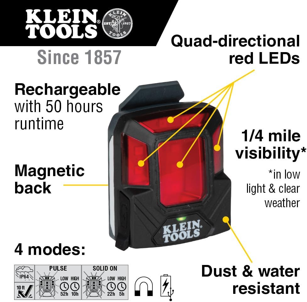 Klein Tools 56063 Rechargeable Safety Light with Magnet, Red, Mounts to Klein Hard Hats and Safety Helmets
