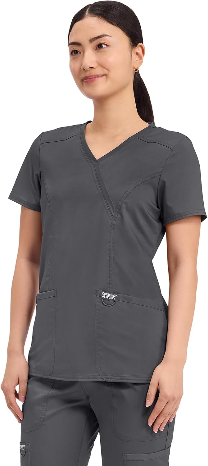 Cherokee WW Revolution Scrub Tops Women Mock Wrap 2 Pockets Nurse Shirt